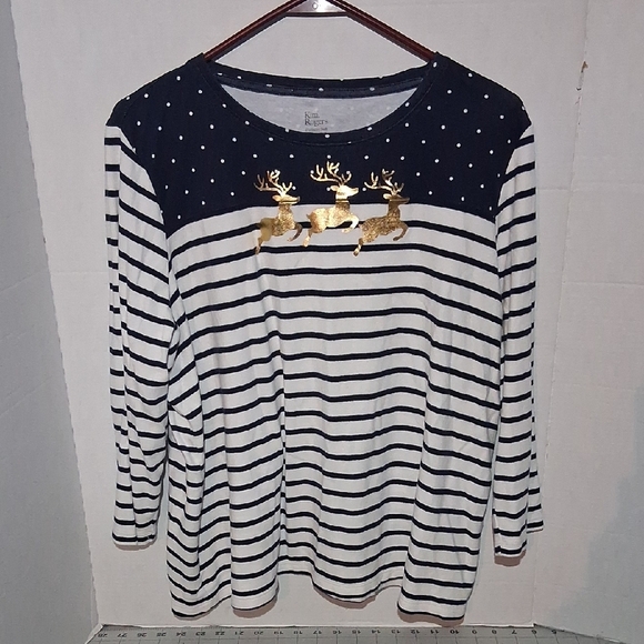 Karen Scott Tops - Karen Scott Navy and White Striped Top with Gold Reindeer